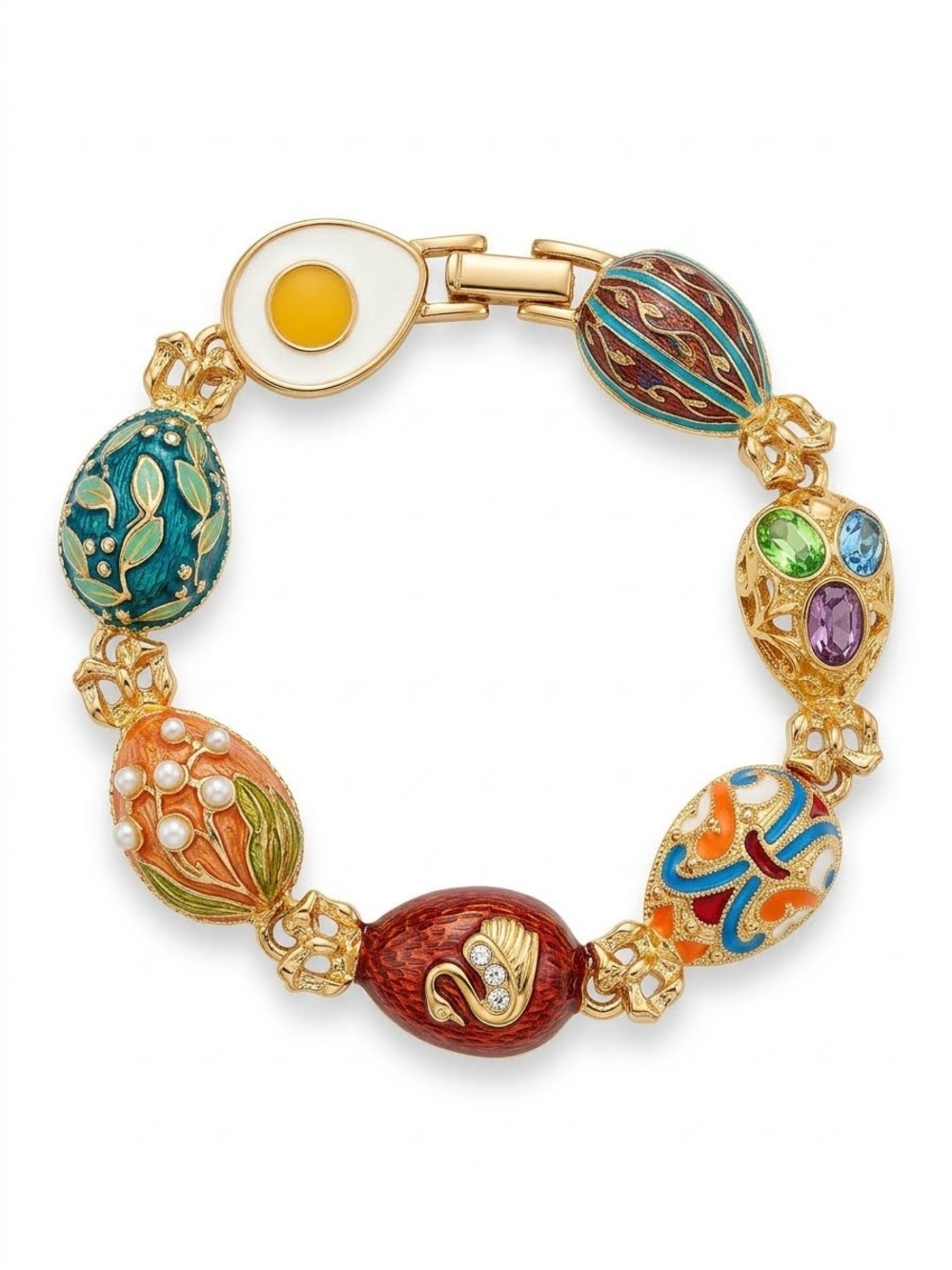 Vintage Joan Rivers Classics Gold Tone Fabergé Egg Link Bracelet Rhinestone Swan